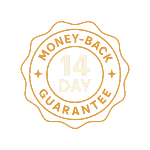 14 Day Money Back Guarantee badge icon with gold border on dark background
