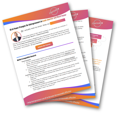 Digital download cover showing 50 AI prompts for entrepreneurs to scale smarter and automate faster