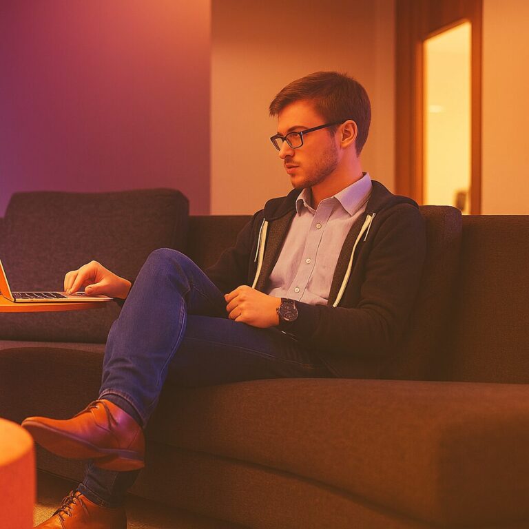 Solo entrepreneur working on a laptop with a warm orange and purple brand-inspired gradient background