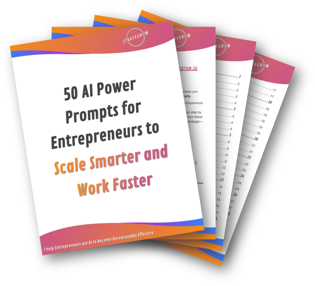 Digital download cover showing 50 AI prompts for entrepreneurs to scale smarter and automate faster
